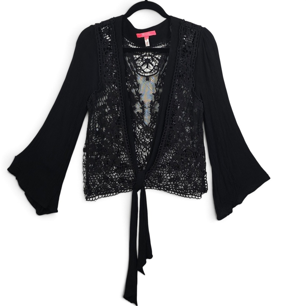 VO Jeans Whimsygoth Top Womens S/M Black Crochet Lace Tie Front Bell Sleeve Boho